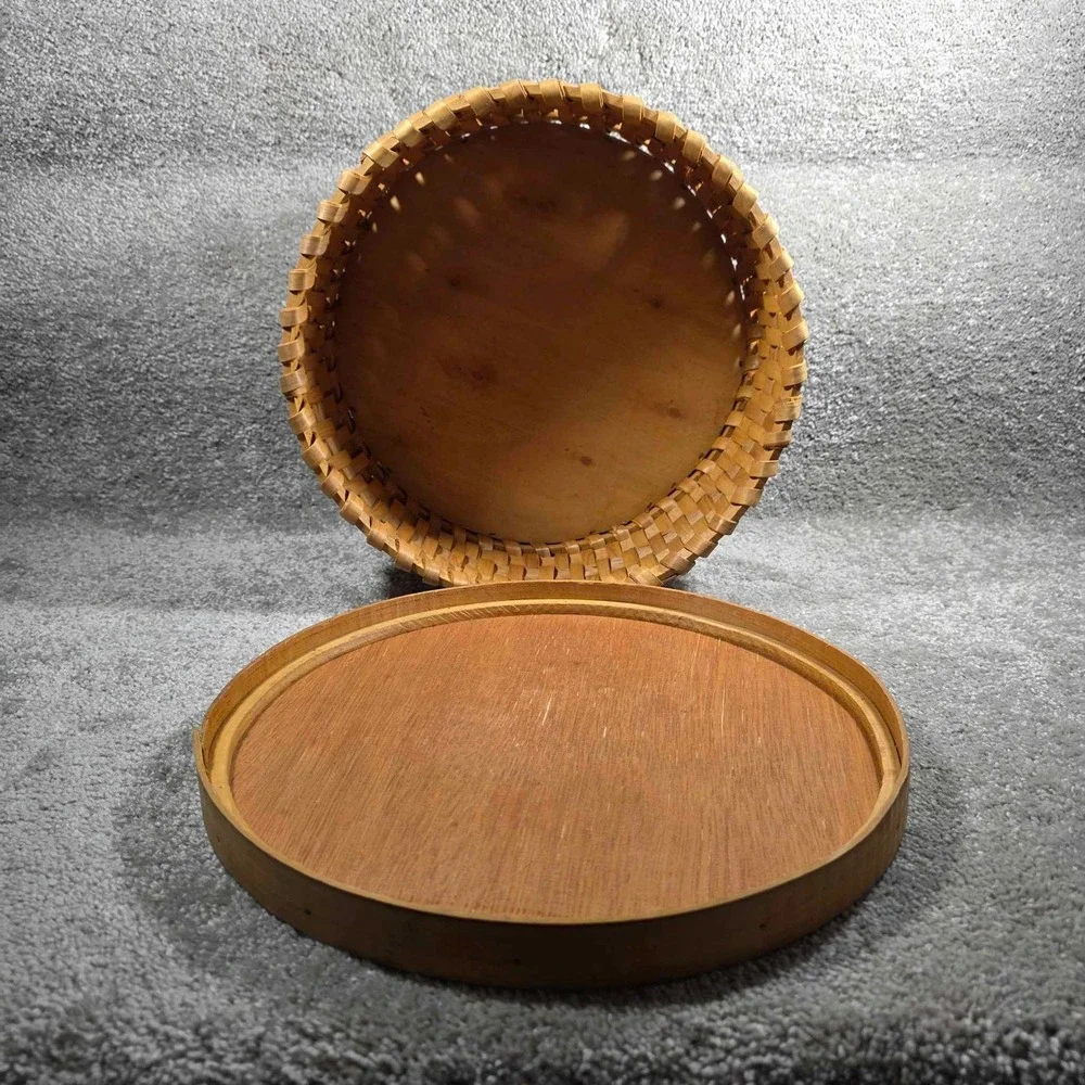 Woven Splint Baskets Natural Wood‎ Round Nesting Lidded Set of 2